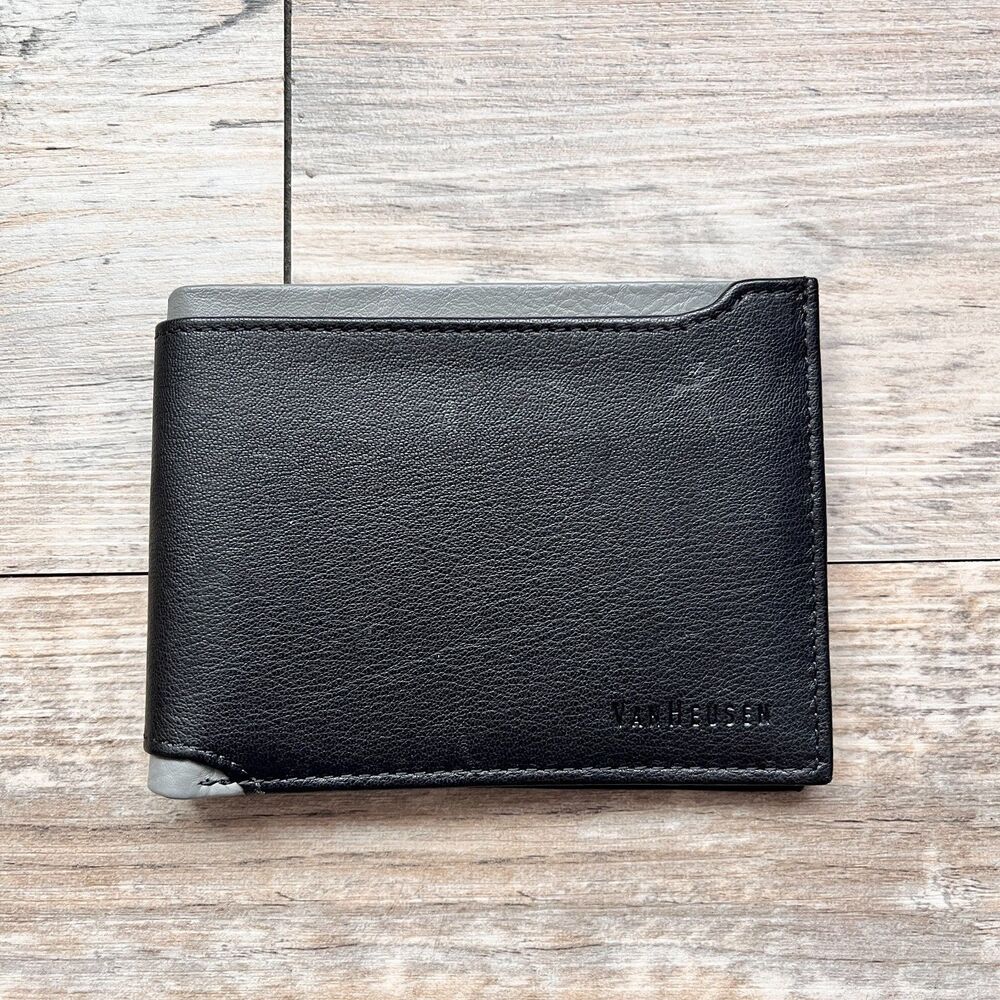 Van Heusen Black Gray Leather Bifold Wallet Classic Slim Minimalist EUC